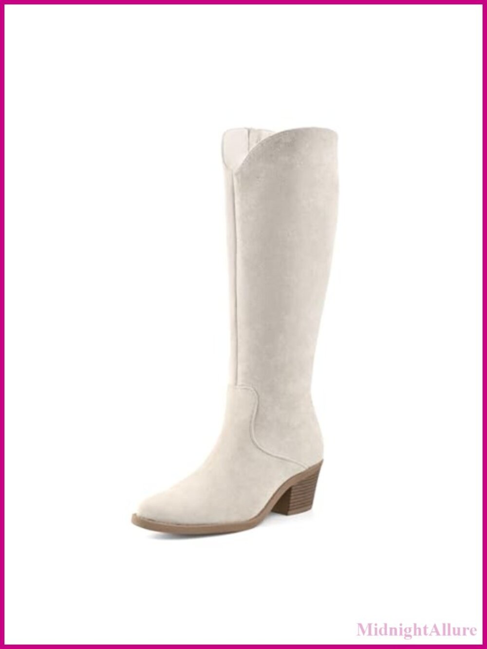 Suede Pointed Toe Knee High Western Boots Stacked Block Heel Side Zip